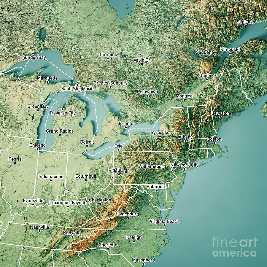 North East Region Usa 3D Render Topographic Map Color Border Cit By Frank Ramspott North East Region Usa 3D Render Topographic Map Color Border Cit By Frank Ramspott